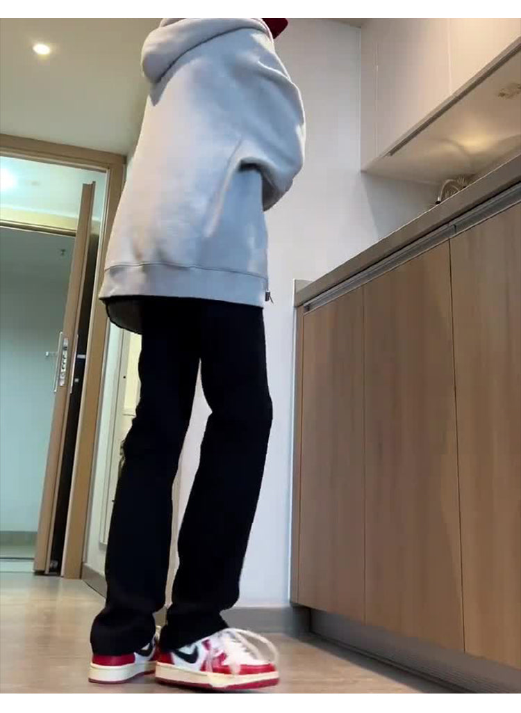 Women's black fleece-lined jeans for autumn and winter, plus size, high-waisted, stretchy, slim-fit straight leg, flattering for pear-shaped figures.