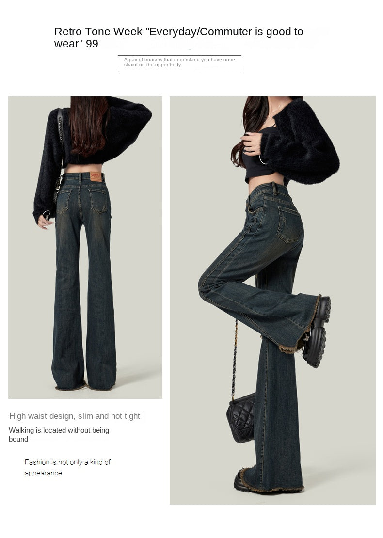 Retro American style high-waisted nano gray flared jeans for women, slimming, platform, floor-length trousers