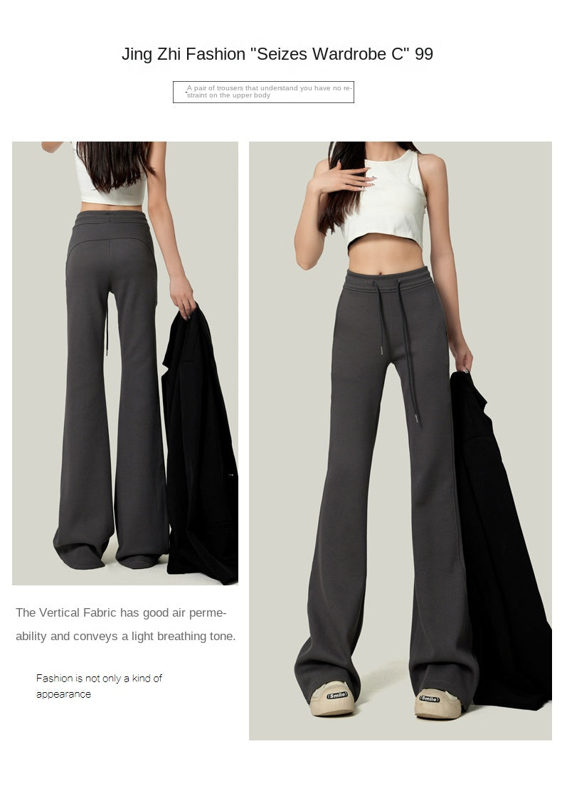 American retro gray flared sweatpants for women, spring/summer style, floor-length, sporty, casual, yoga pants