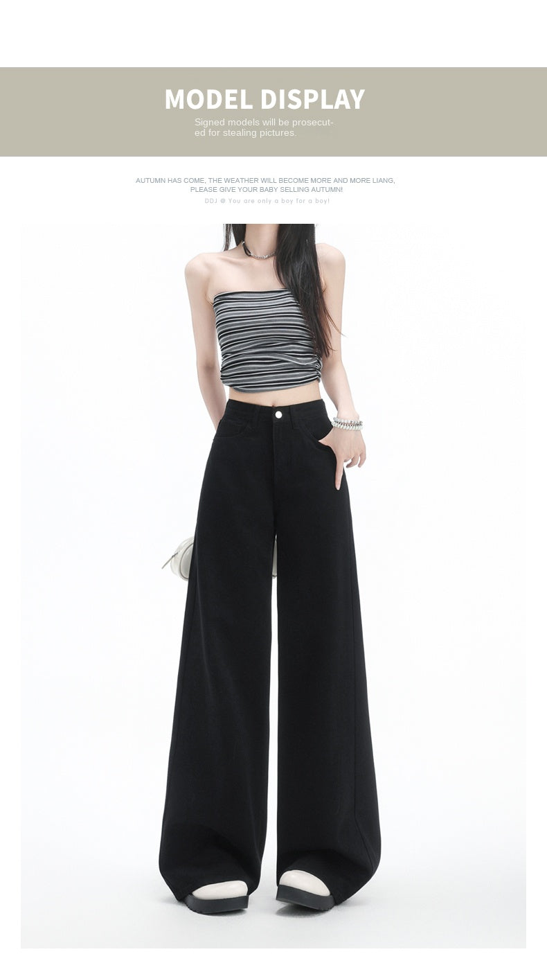 Stylish black high-waisted wide-leg jeans for women with pear-shaped figures, loose-fitting straight leg.