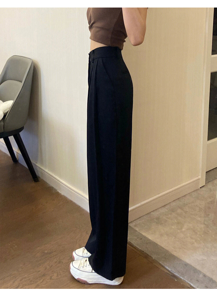 Women's black wide-leg casual suit pants, plus size, loose fit, flattering for pear-shaped figures, straight leg drape.