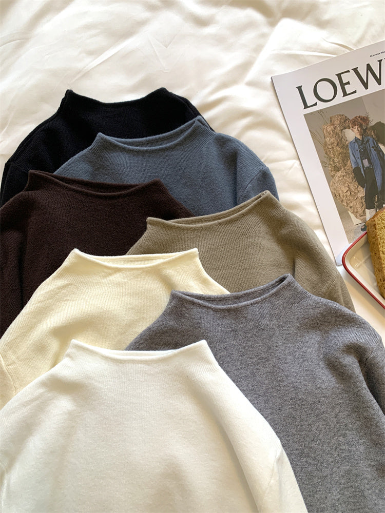 Soft and fluffy cashmere-feel high-neck knitted base layer sweater for women in spring, autumn and winter, with fleece lining, solid color, pullover sweater.