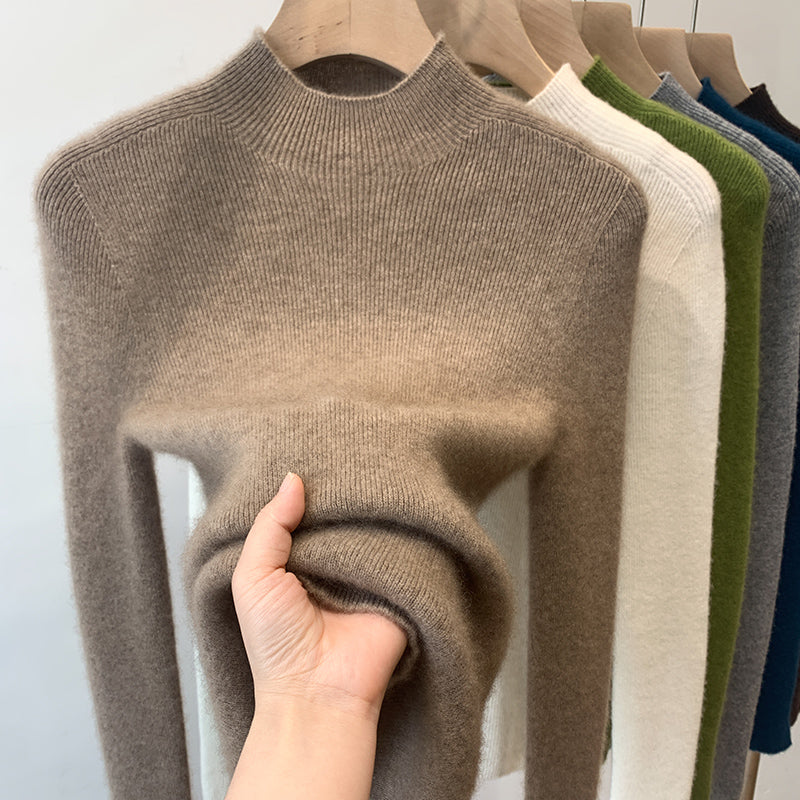 100% Soft and Cozy Wool Sweater for Women, White High-Neck Knitted Base Layer, Slim Fit and Elegant Tri-Neck Sweater