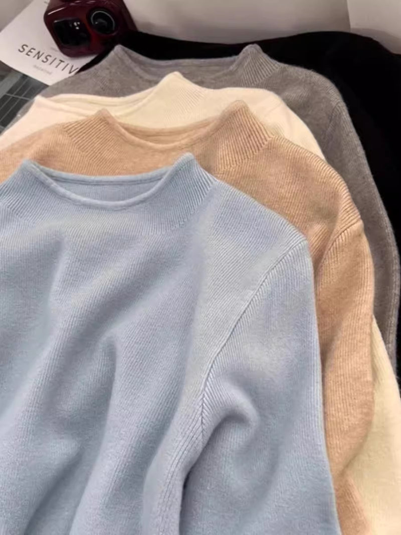 Soft and fluffy cashmere-feel high-neck knitted base layer sweater for women in spring, autumn and winter, with fleece lining, solid color, pullover sweater.