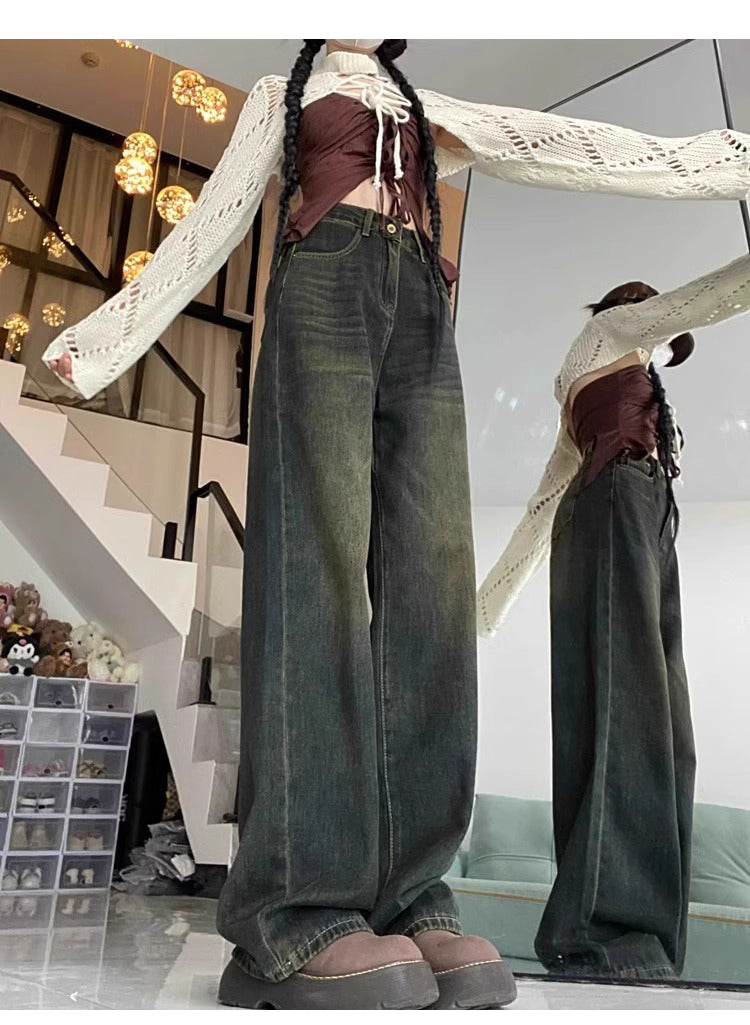 Women's wide-leg jeans for autumn and winter, fleece-lined, pear-shaped, plus-size, loose, slimming, straight-leg trousers.