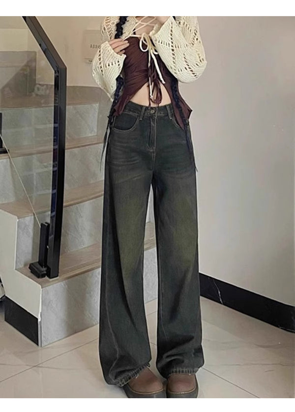 Women's wide-leg jeans for autumn and winter, fleece-lined, pear-shaped, plus-size, loose, slimming, straight-leg trousers.