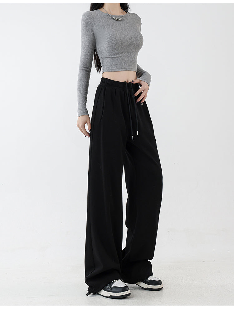 Women's black straight-leg casual pants, autumn and winter style, fleece-lined and thickened, plus size, slimming, loose and draped, wide-leg athletic sweatpants.