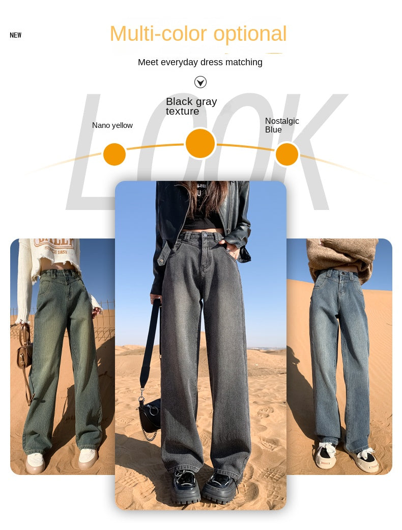 New style black and gray wide-leg jeans for women, American style, high-waisted, loose fit, slimming, straight leg, autumn and winter look.