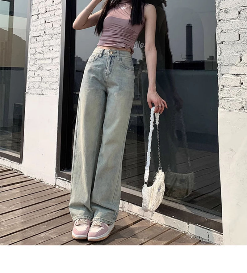 Light-colored slim-fit wide-leg jeans for women, new style, high-waisted, slimming, petite, loose straight leg pants