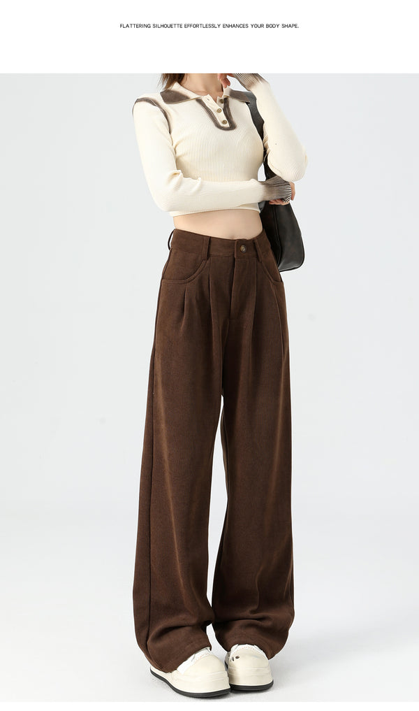 Maillard dark brown corduroy pants, new autumn/winter style, high-waisted, short-leg brown, casual pants.