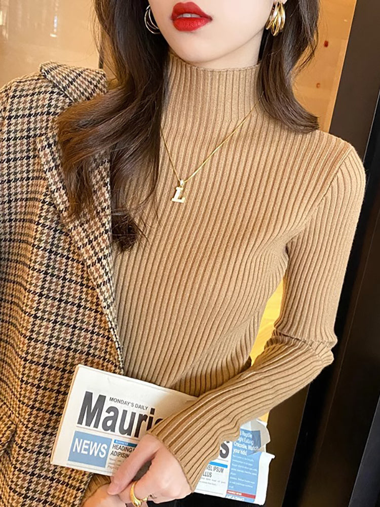 Women's high-neck sweater, new autumn and winter style, mid-neck base layer, high-end slim-fit knit top.