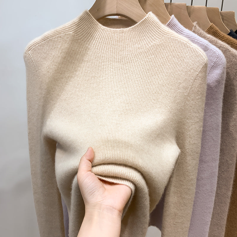 100% Soft and Cozy Wool Sweater for Women, White High-Neck Knitted Base Layer, Slim Fit and Elegant Tri-Neck Sweater