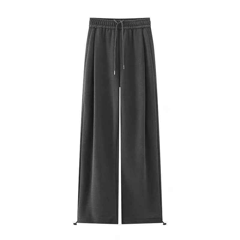 Women's black straight-leg casual pants, autumn and winter style, fleece-lined and thickened, plus size, slimming, loose and draped, wide-leg athletic sweatpants.