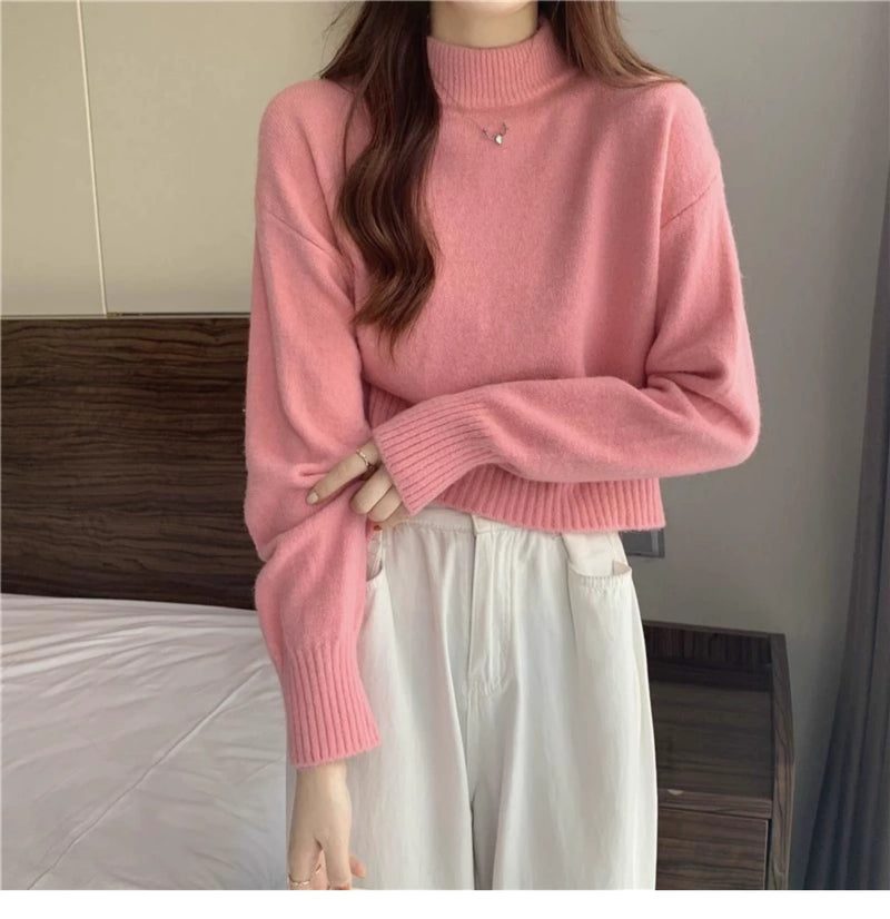 French-style short sweater for women, autumn and winter, petite, thick, soft and gentle style, high neck pullover knitwear