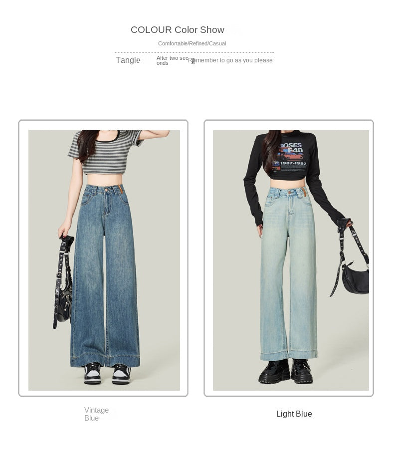 Retro blue high-waisted cropped straight leg jeans for petite women, pear-shaped, loose fit, slimming wide-leg pants