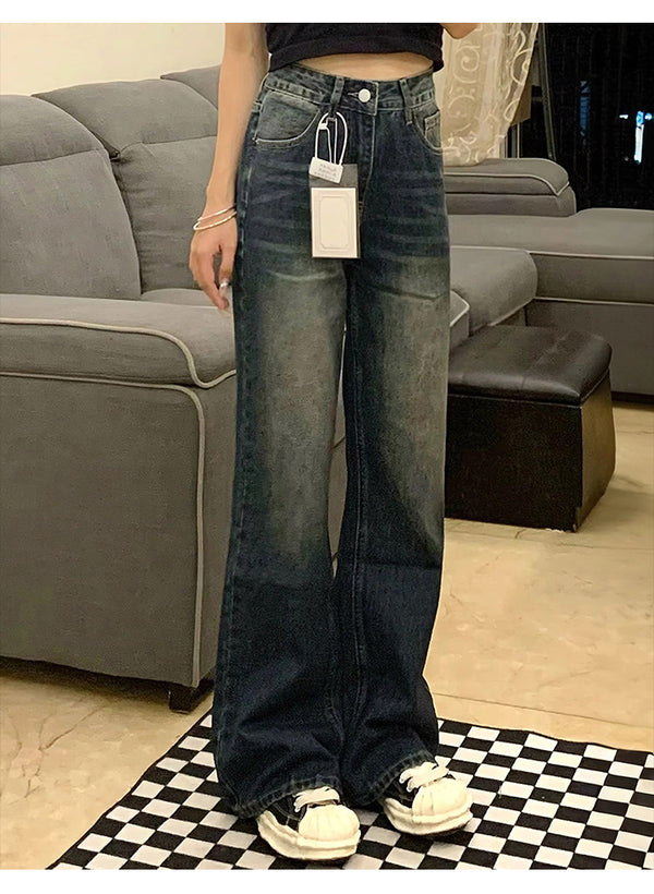 Retro blue flared jeans for women, autumn and winter, fleece-lined and thickened, plus size, loose fit, slimming, pear-shaped figure, long pants.