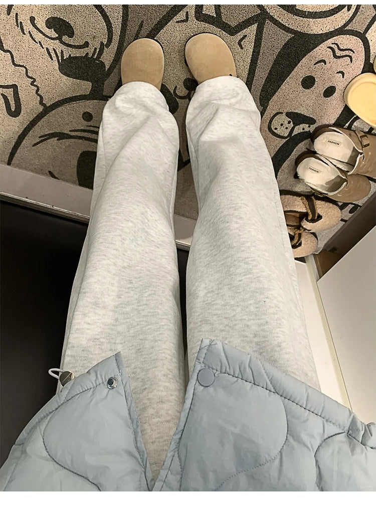 Snowflake Grey Straight Leg Casual Pants for Women, Plus Size, Autumn and Winter, Fleece Lined, Loose Fit, Slimming, Relaxed Style, Sporty Wide Leg Sweatpants
