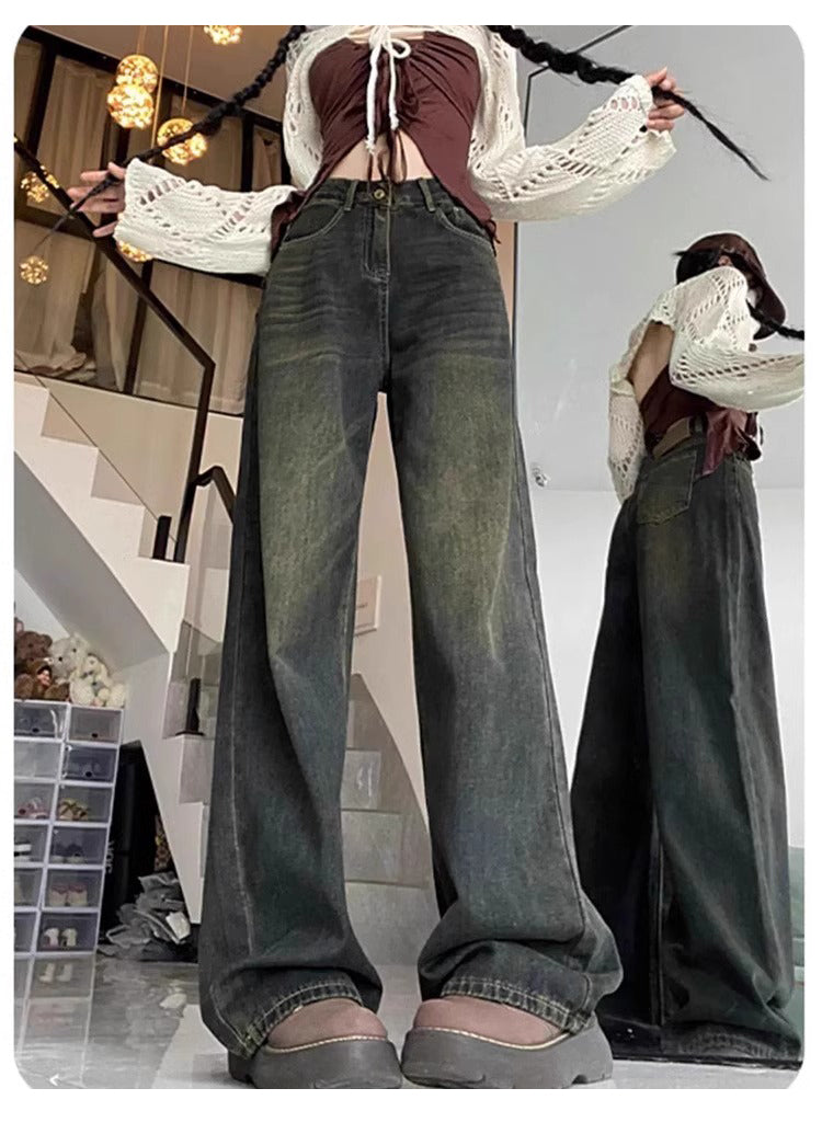 Women's wide-leg jeans for autumn and winter, fleece-lined, pear-shaped, plus-size, loose, slimming, straight-leg trousers.