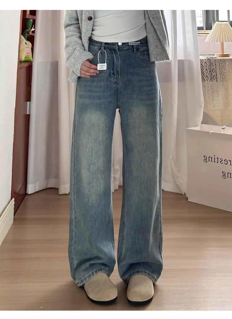 Retro blue straight-leg jeans for women, autumn and winter, fleece-lined and thickened, suitable for plus-size women, slimming for pear-shaped figures, loose wide-leg pants.