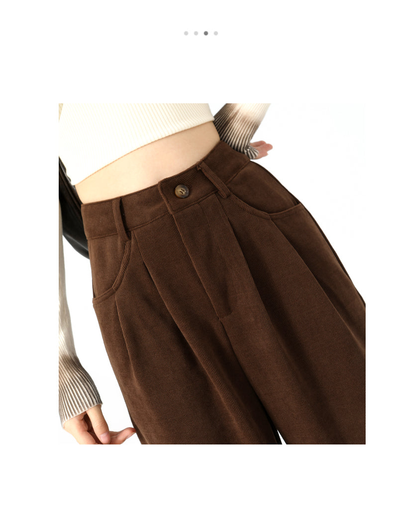 Maillard dark brown corduroy pants, new autumn/winter style, high-waisted, short-leg brown, casual pants.