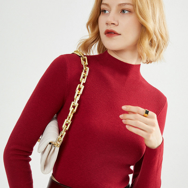 Women's Autumn/Winter High-Neck Sweater, Slim Fit, Solid Color, High-End Wool Knit Base Layer, Striped Design, Suitable for Inner Wear or Outer Wear