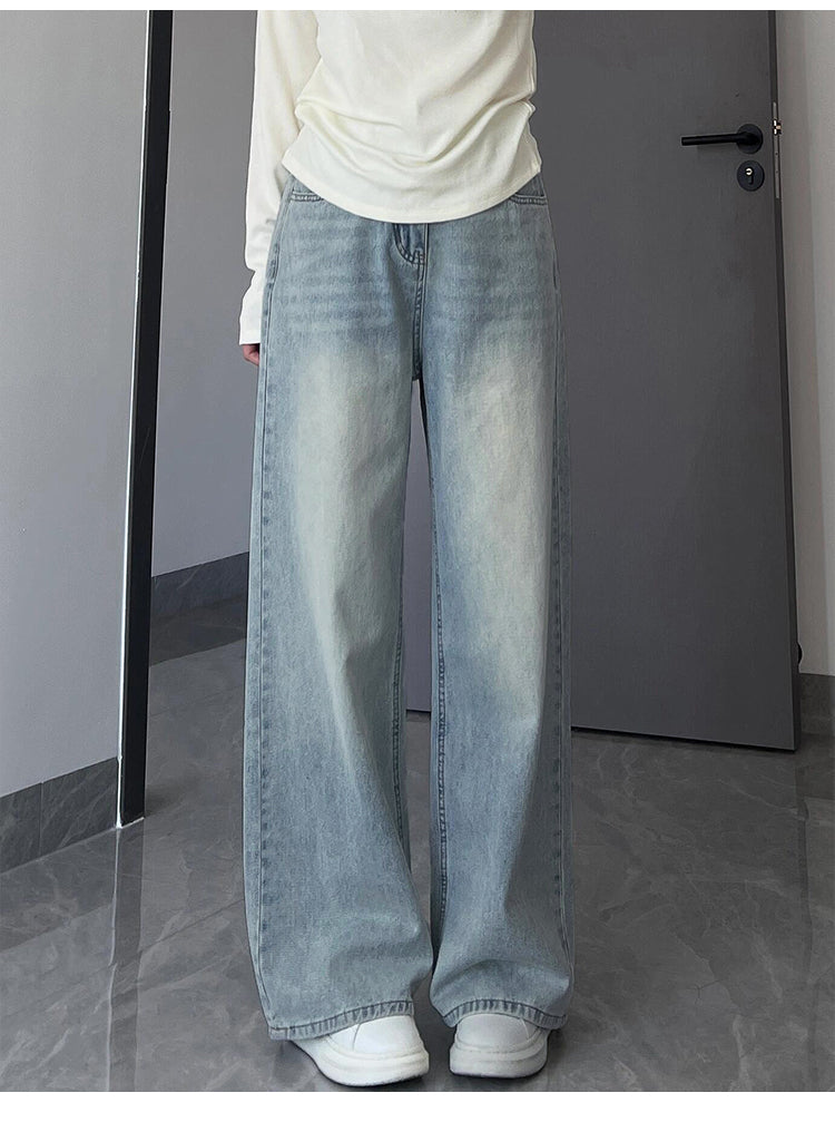 Light-colored straight-leg jeans for women, autumn and winter, fleece-lined and thickened, plus size, loose fit, slimming, pear-shaped figure wide-leg pants.
