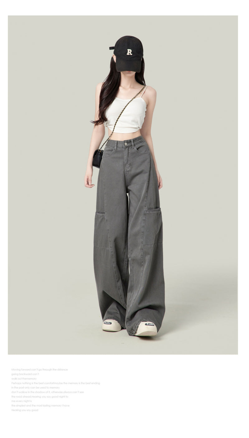 American-style wide-leg cargo pants, new retro high-waisted straight leg jeans for women.