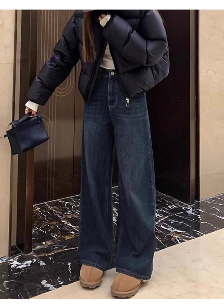 Women's straight-leg jeans, autumn and winter, fleece-lined, thickened, plus size, pear-shaped figure, loose fit, slimming wide-leg pants