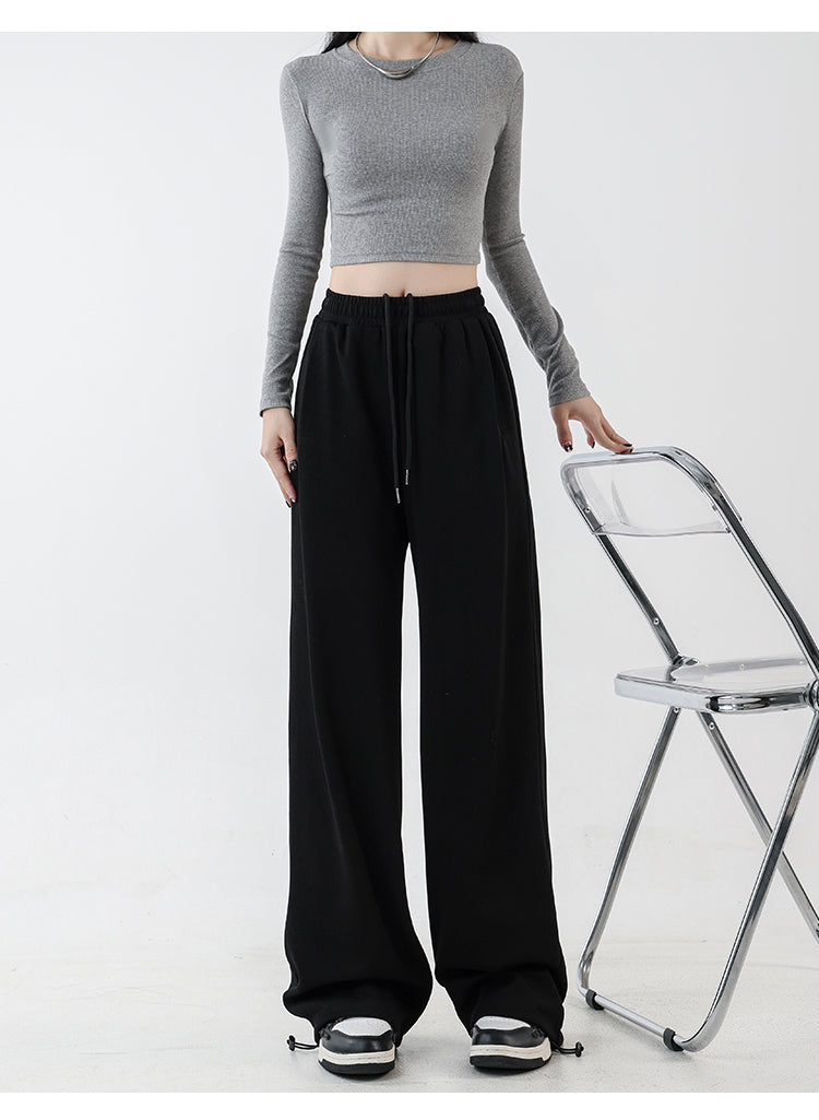 Women's black straight-leg casual pants, autumn and winter style, fleece-lined and thickened, plus size, slimming, loose and draped, wide-leg athletic sweatpants.