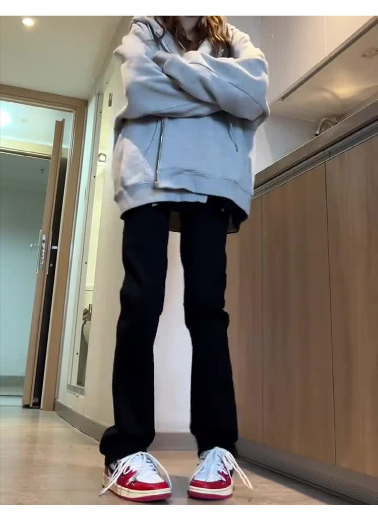 Women's black fleece-lined jeans for autumn and winter, plus size, high-waisted, stretchy, slim-fit straight leg, flattering for pear-shaped figures.