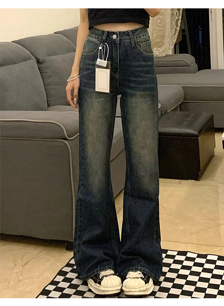 Retro blue flared jeans for women, autumn and winter, fleece-lined and thickened, plus size, loose fit, slimming, pear-shaped figure, long pants.