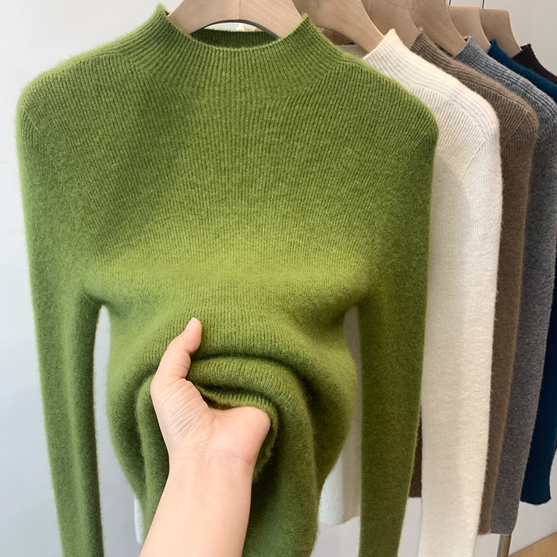 100% Soft and Cozy Wool Sweater for Women, White High-Neck Knitted Base Layer, Slim Fit and Elegant Tri-Neck Sweater