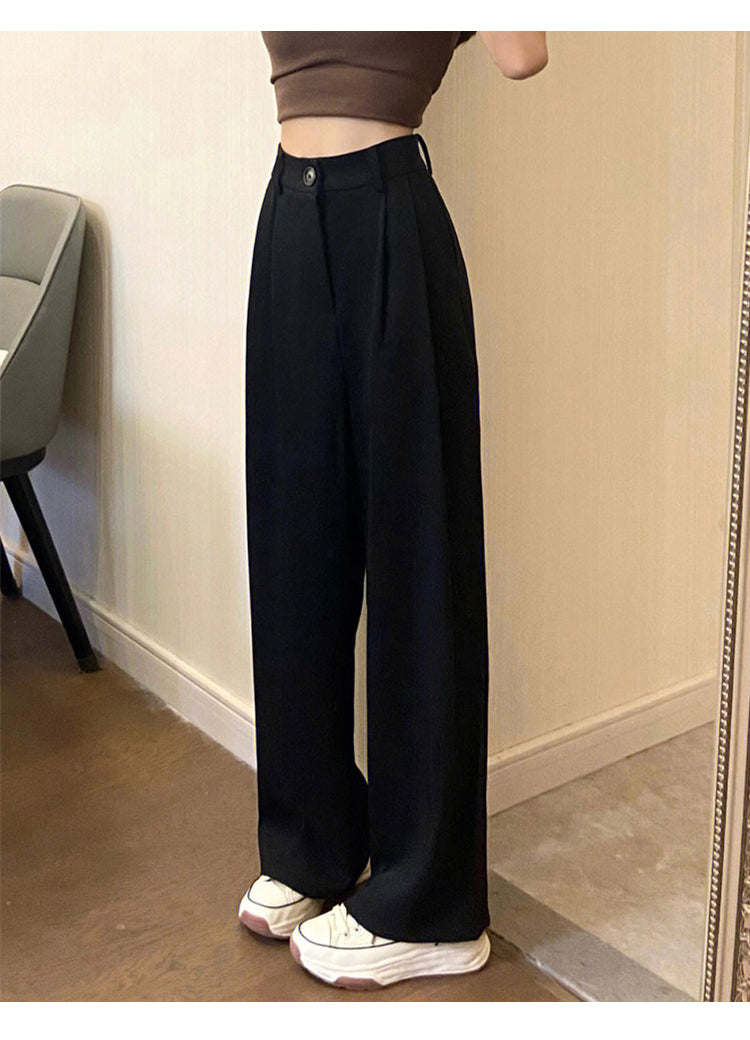 Women's black wide-leg casual suit pants, plus size, loose fit, flattering for pear-shaped figures, straight leg drape.