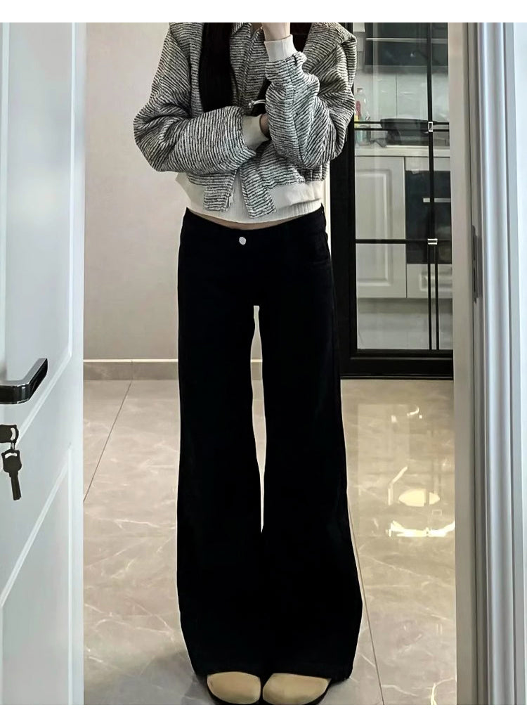 Women's black flared jeans, autumn/winter style, fleece-lined, plus size, stretchy, slimming, pear-shaped figure, wide-leg, platform pants.
