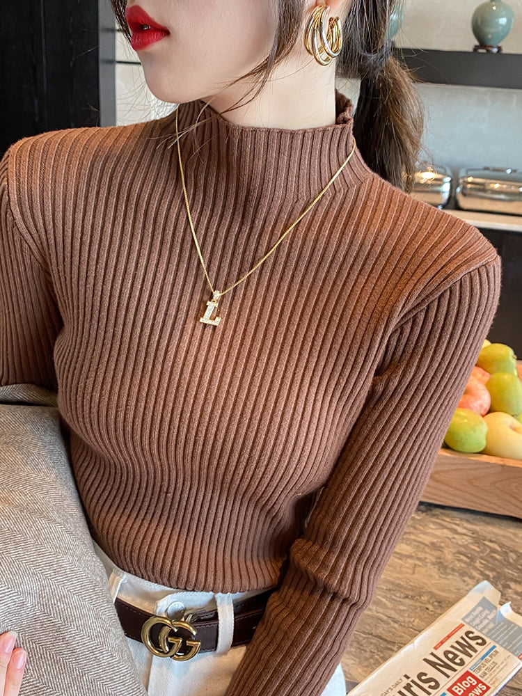 Women's high-neck sweater, new autumn and winter style, mid-neck base layer, high-end slim-fit knit top.