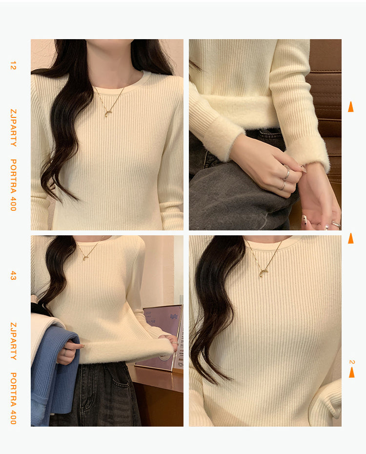 Autumn/Winter Half-High Neck Slim Fit Long Sleeve Base Knit Top Thick Fleece Warm White Sweater for Women