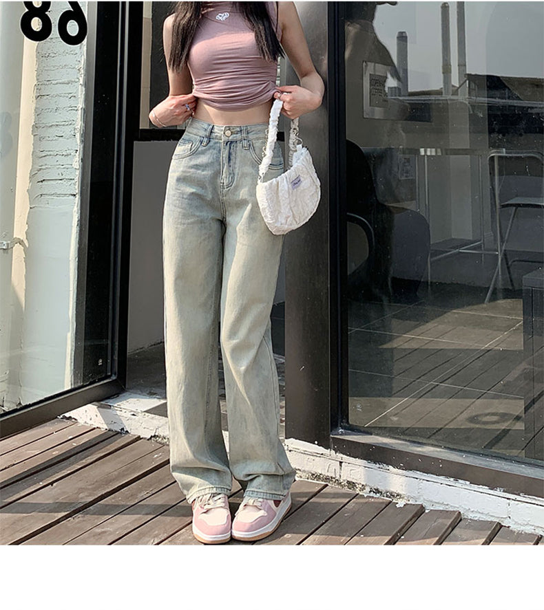 Light-colored slim-fit wide-leg jeans for women, new style, high-waisted, slimming, petite, loose straight leg pants