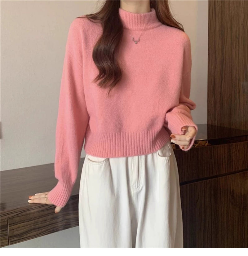 French-style short sweater for women, autumn and winter, petite, thick, soft and gentle style, high neck pullover knitwear