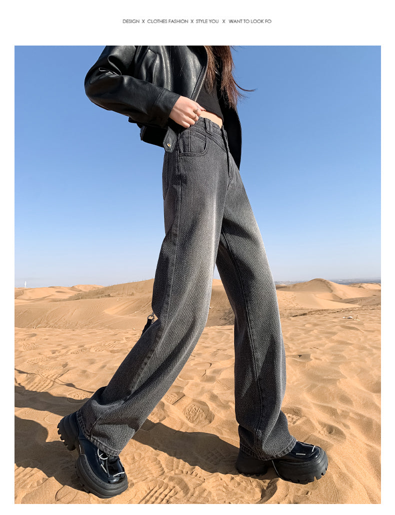 New style black and gray wide-leg jeans for women, American style, high-waisted, loose fit, slimming, straight leg, autumn and winter look.