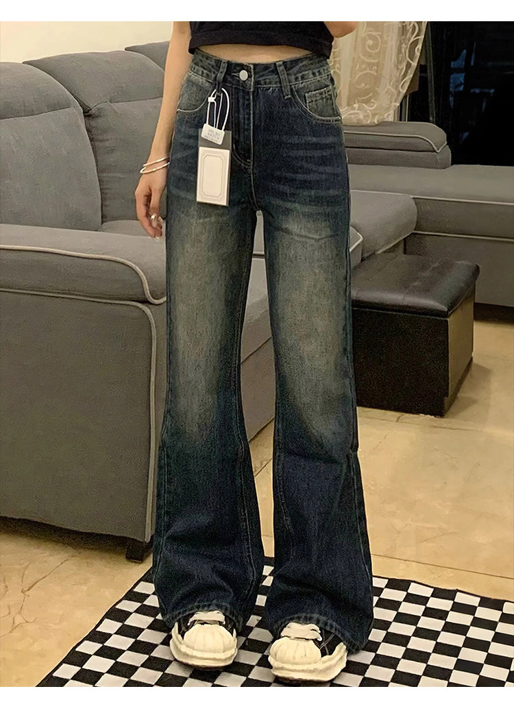 Retro blue flared jeans for women, autumn and winter, fleece-lined and thickened, plus size, loose fit, slimming, pear-shaped figure, long pants.