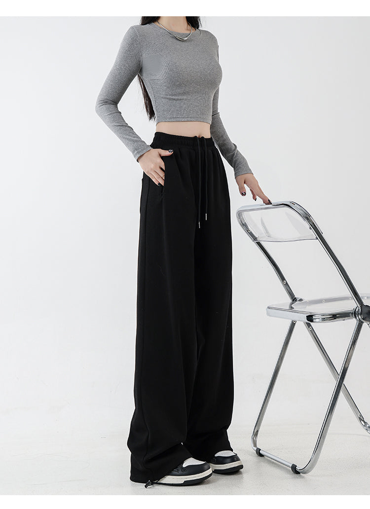 Women's black straight-leg casual pants, autumn and winter style, fleece-lined and thickened, plus size, slimming, loose and draped, wide-leg athletic sweatpants.