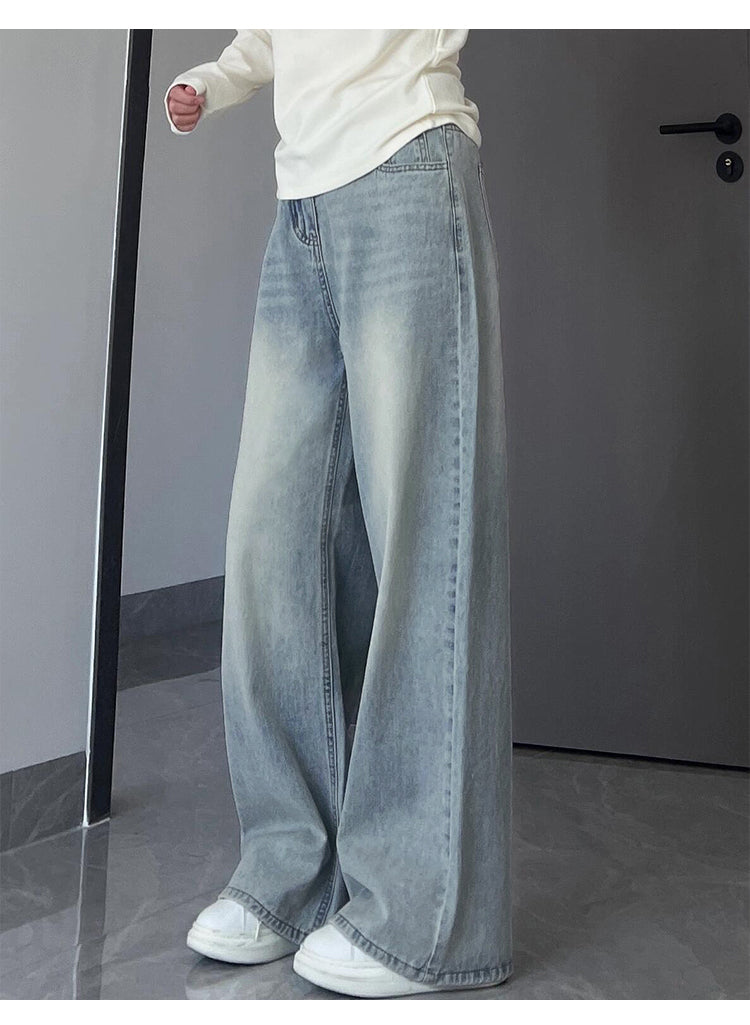 Light-colored straight-leg jeans for women, autumn and winter, fleece-lined and thickened, plus size, loose fit, slimming, pear-shaped figure wide-leg pants.