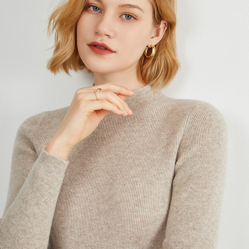 Women's Autumn/Winter High-Neck Sweater, Slim Fit, Solid Color, High-End Wool Knit Base Layer, Striped Design, Suitable for Inner Wear or Outer Wear