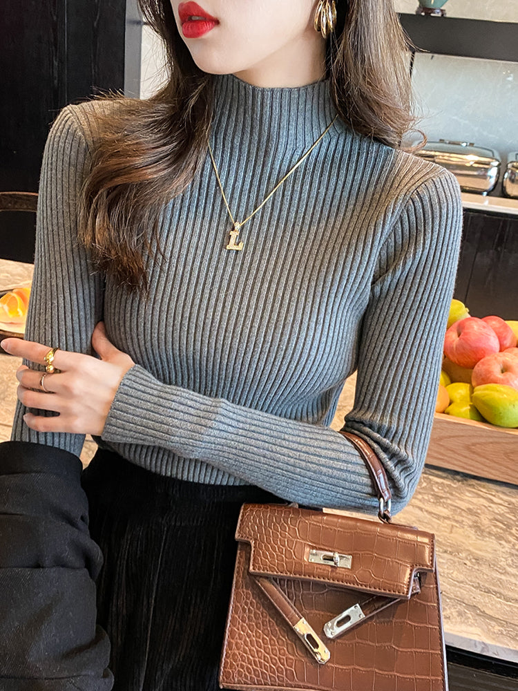 Women's high-neck sweater, new autumn and winter style, mid-neck base layer, high-end slim-fit knit top.