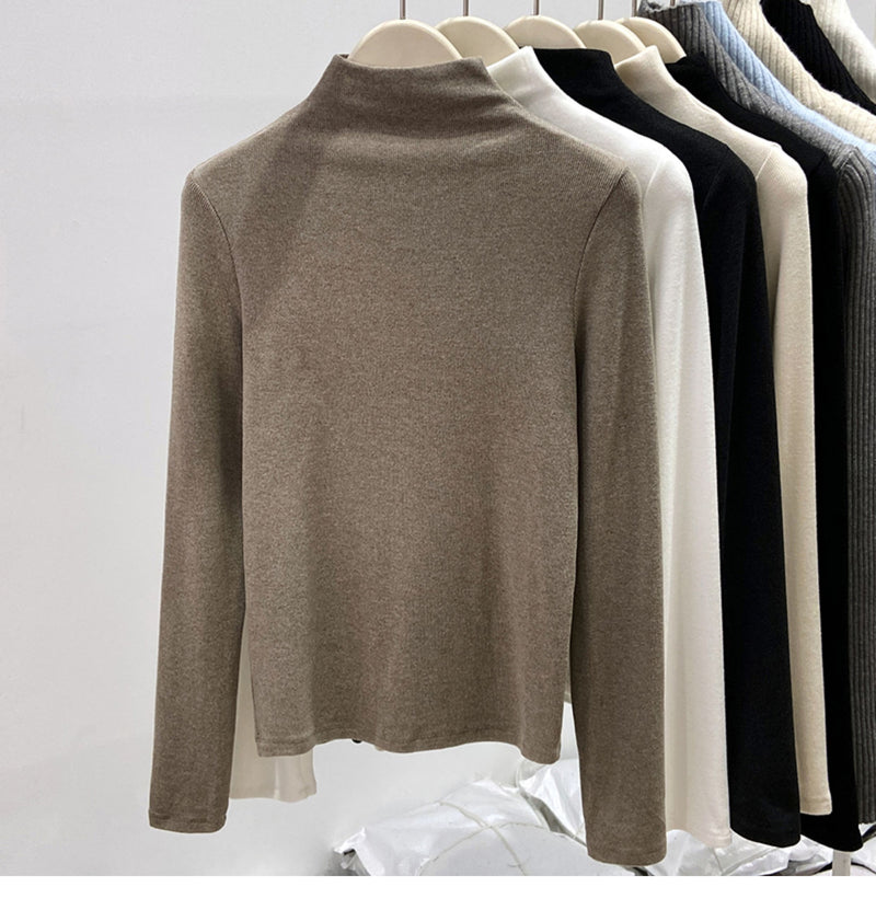 New autumn/winter style high-neck mousse cashmere long-sleeved base layer top for women, brushed fleece inner layer, high-end fleece-lined top