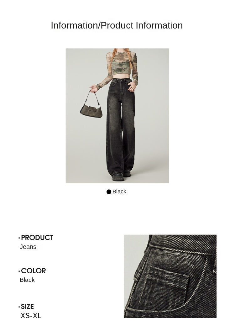 American retro high-waisted wide-leg jeans for women, sexy black loose-fitting slim-fit pear-shaped straight leg pants