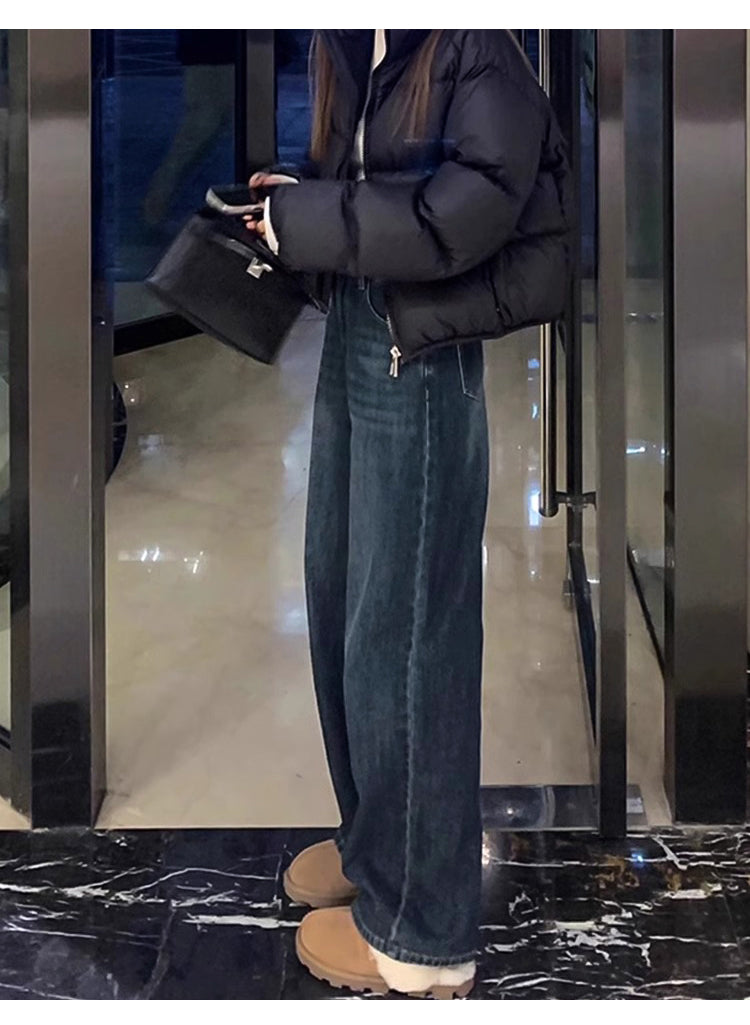 Women's straight-leg jeans, autumn and winter, fleece-lined, thickened, plus size, pear-shaped figure, loose fit, slimming wide-leg pants