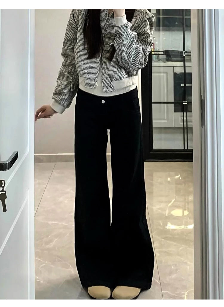 Women's black flared jeans, autumn/winter style, fleece-lined, plus size, stretchy, slimming, pear-shaped figure, wide-leg, platform pants.