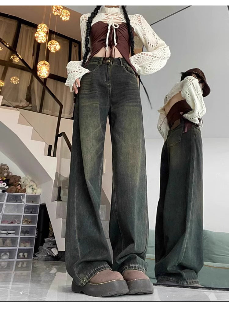Women's wide-leg jeans for autumn and winter, fleece-lined, pear-shaped, plus-size, loose, slimming, straight-leg trousers.