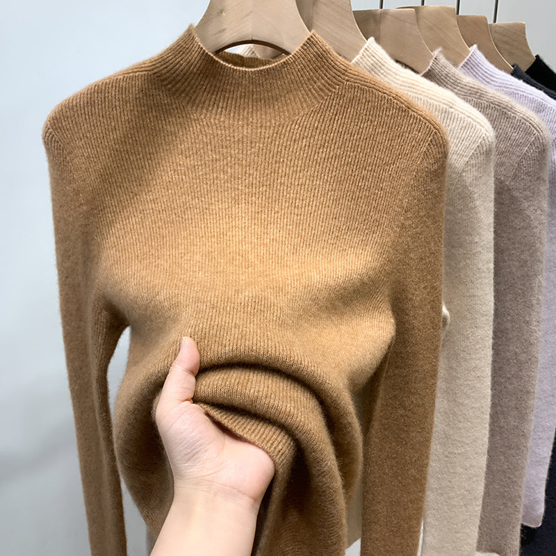 100% Soft and Cozy Wool Sweater for Women, White High-Neck Knitted Base Layer, Slim Fit and Elegant Tri-Neck Sweater